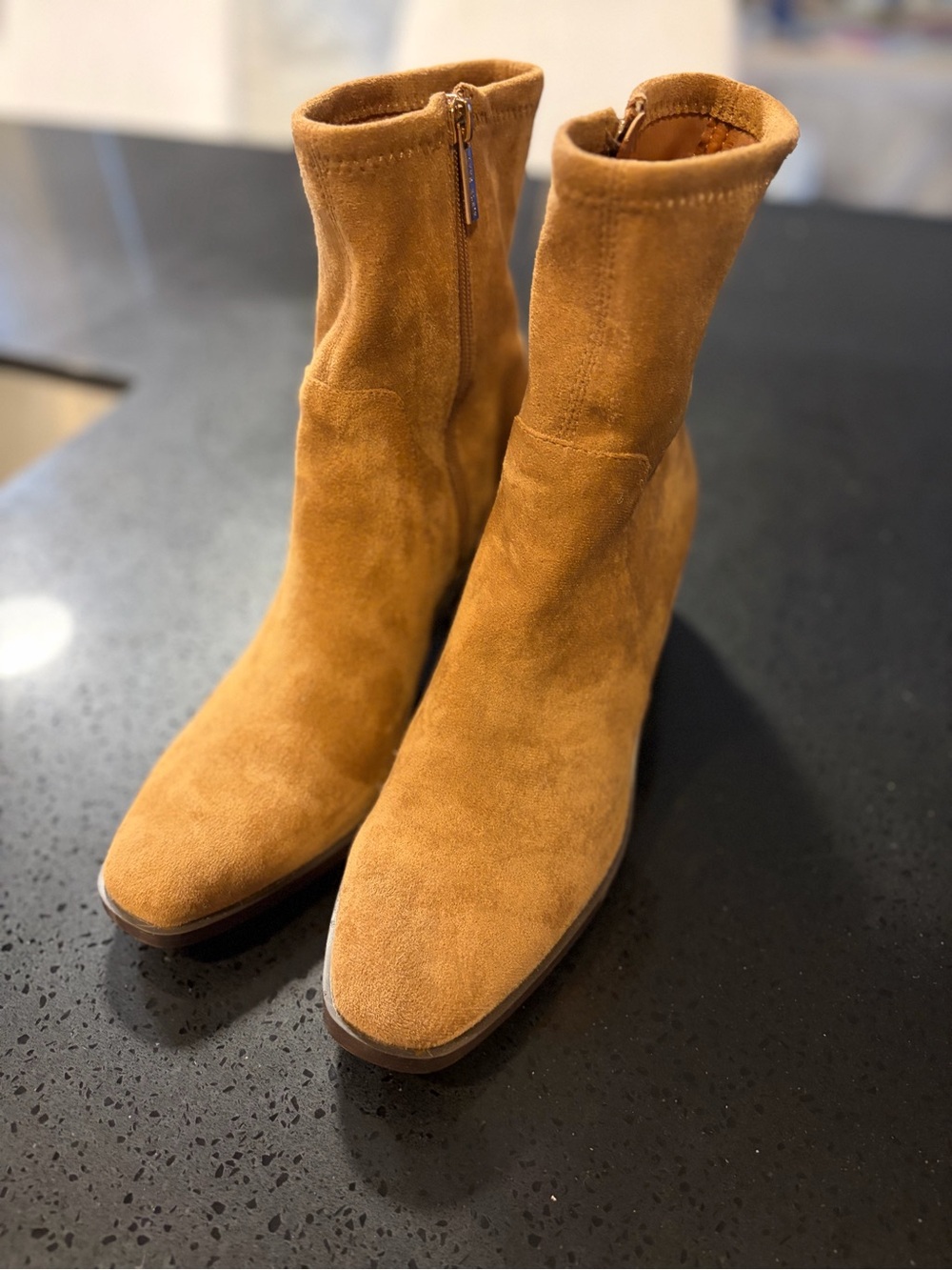 Anne Klein Camel Suede Ankle Booties with Side Zip